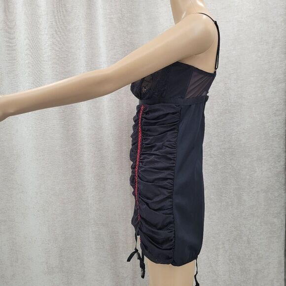 Frederick's of Hollywood Y2K Black Red Ruched Lace Chemise Mini Dress Garters - Picture 7 of 13